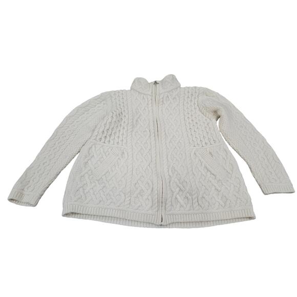 Aran Mor 100% Merino Wool Women's Cream Cable Knit Cardigan Sweater M Full Zip - Picture 1 of 5